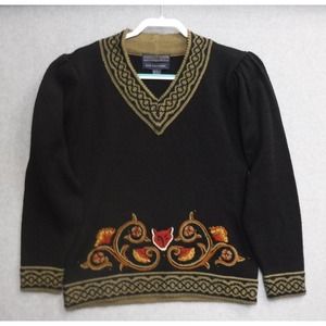 Woman's Herman Geist Hand Embroidered Wool Acrylic Fox V-neck Pullover Sweater L